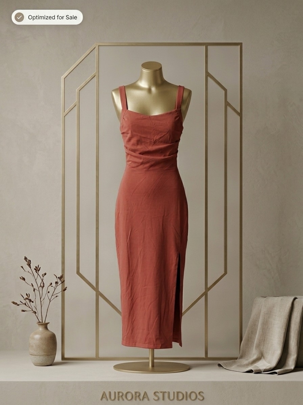 HALARA Rust-Toned Square Neck Midi Dress with Side Slit